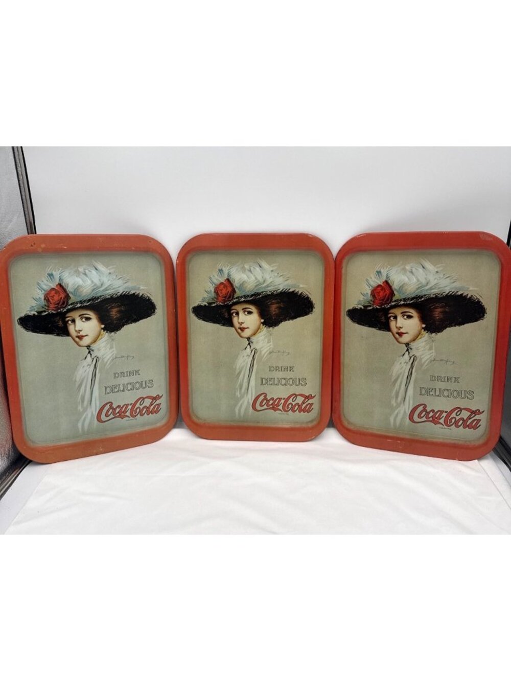 Set of 3 Vtg Coca-Cola Hamilton King 1909 Girl Tray 1970s Metal15" X 12"